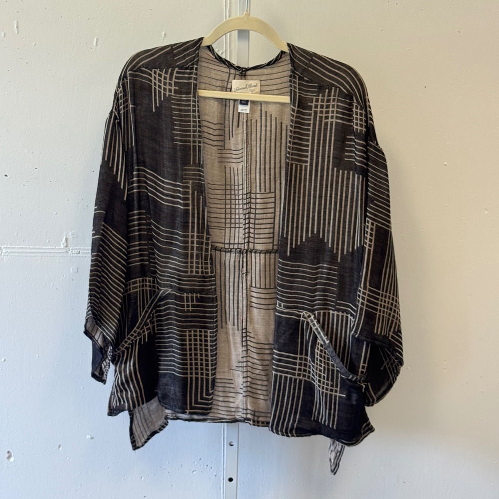 Universal Thread OSFM Geometric Grid Open Front Kimono Cover Up Cardigan Earthy